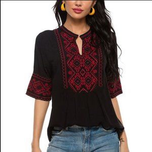 NWT KOMILI | Black & Red Embroidered Notch Neck Top